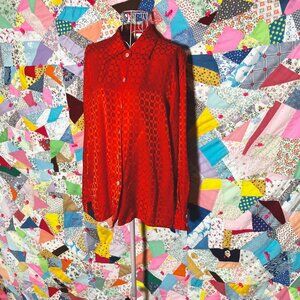 Vintage 90s  y2k blouse silk | S-M| red square monochromatic print collar button